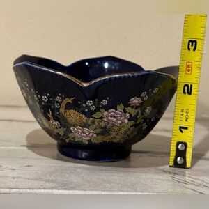 Vintage Japan Cobalt Blue Bowl Flowers Roses Peacock Japan Lotus Shape Glaze I